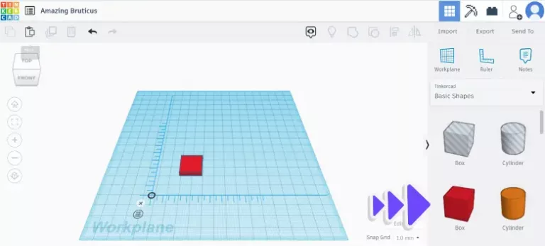 Screenshot showing the workspace of TinkerCAD and where to choose the red starting box
