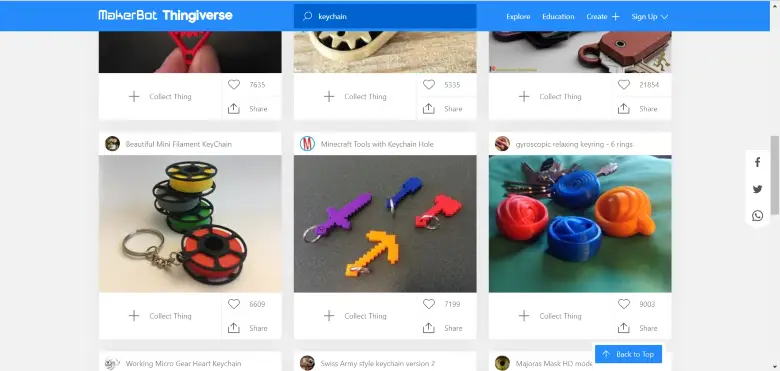 Screenshot showing 3D printing precurated models ready for 3D printing on Thingiverse