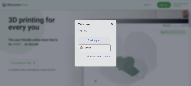 Screenshot showing the Sign-up possibilities in REALvision Online