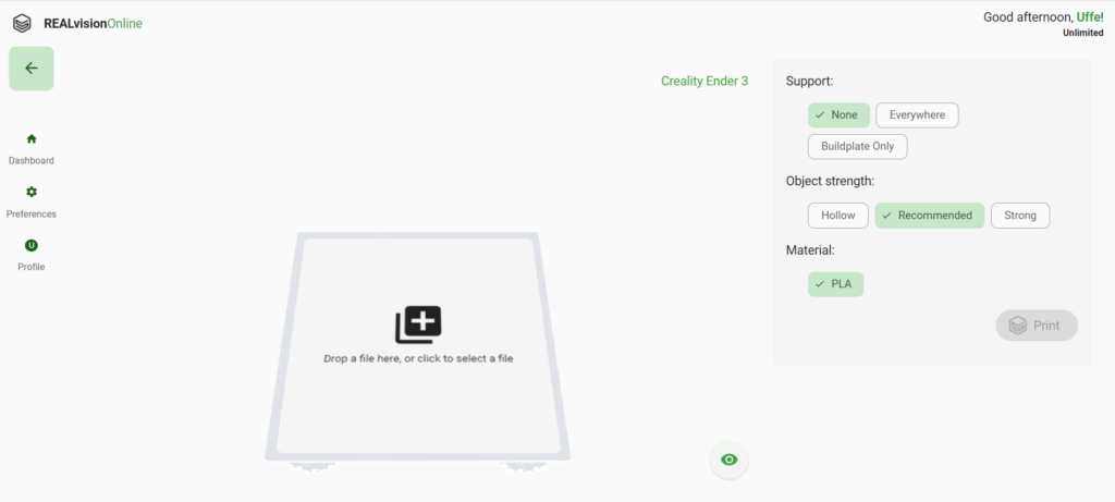 A screenshot showing the print bed of the REALvision Online slicer