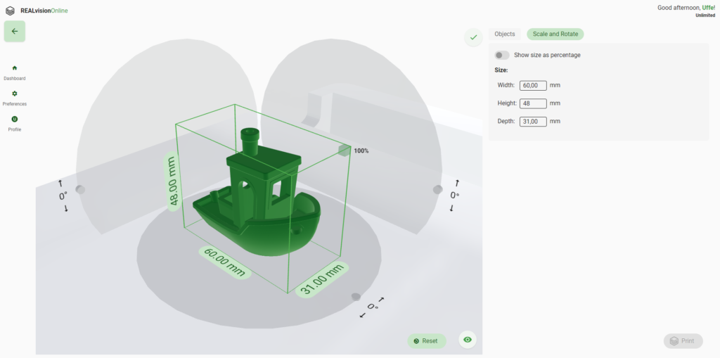 Screenshot showing the scale and rotate area in REALvision Online